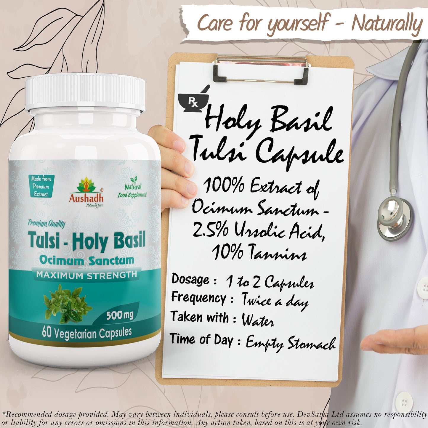 Aushadh Holy Basil Capsules (Tulsi) Stress Balance & Immune Wellness Support - Vegan, Gluten Free, Non-GMO, 60 Capsules