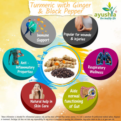Ayushya Turmeric with Ginger and Black pepper Capsules (Haldi) Joint Comfort & Digestive Support - Vegan, Gluten Free, Non-GMO, 60 Capsules