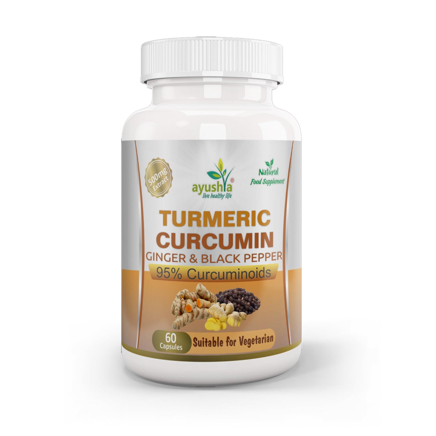 Ayushya Turmeric with Ginger and Black pepper Capsules (Haldi) Joint Comfort & Digestive Support - Vegan, Gluten Free, Non-GMO, 60 Capsules