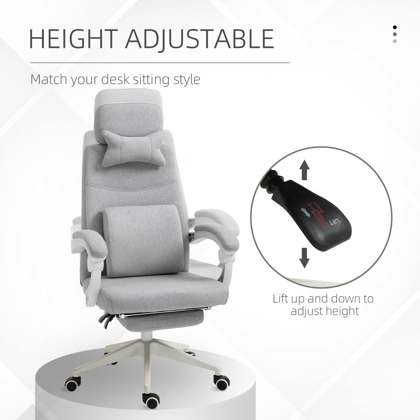 Vinsetto Office Chair, Ergonomic Desk Chair, High Back Fabric Work Chair with 160\'c2\'b0 Reclining Backrest, Retractable Footrest, Neck and Lumbar Pillow for Home and Study, Grey