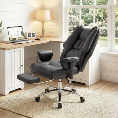 HOMCOM Executive Office Chair, Reclining Desk Chair with Footrest, Adjustable Armrests, Pet Friendly Faux Leather, Black