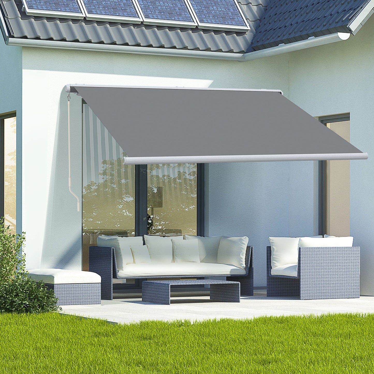 Outsunny 4x3m Full Cassette Electric/Manual Retractable Awning with LED Light and Remote Controller, Sun Canopies for Patio Door Window, Grey