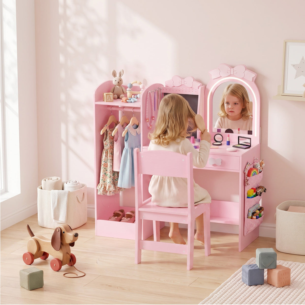 AIYAPLAY Kids Dressing Table, 3-in-1 Kids Vanity Set with Stool, 2-Colour Lights Mirror, Clothes Rack for Ages 3-8, Pink