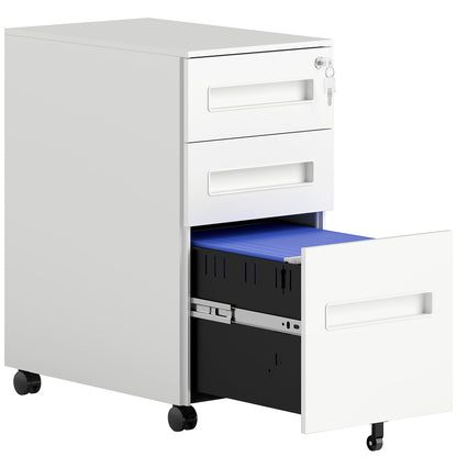 Vinsetto Metal Mobile File Cabinet with Wheels, Lockable 3 Drawer Filing Cabinet for A4, Legal, Letter, Compact Under Desk Storage Unit with Pre-Assembled Body for Home Office, 30 x 43.5 x 60cm, White