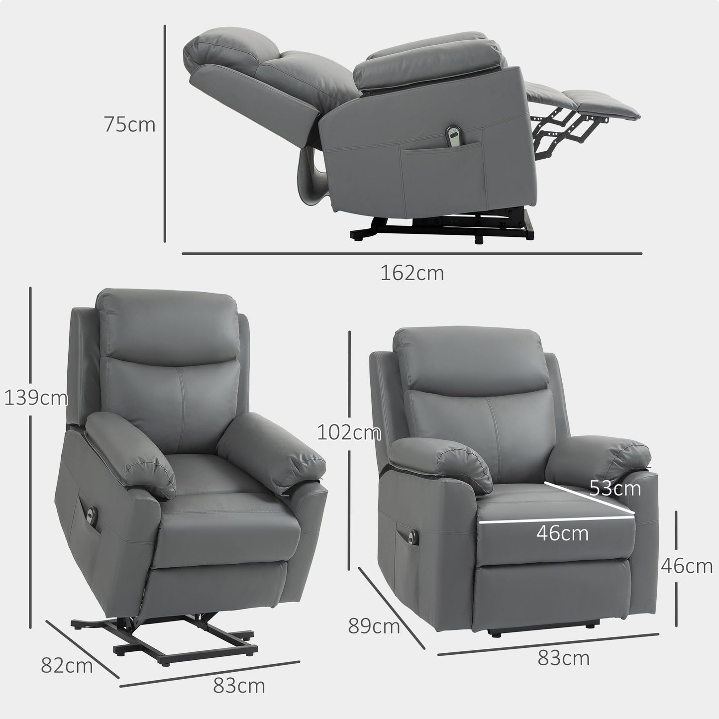 HOMCOM Faux Leather 70\'c2\'b0 Electric Riser Recliner Chair, Charcoal Grey