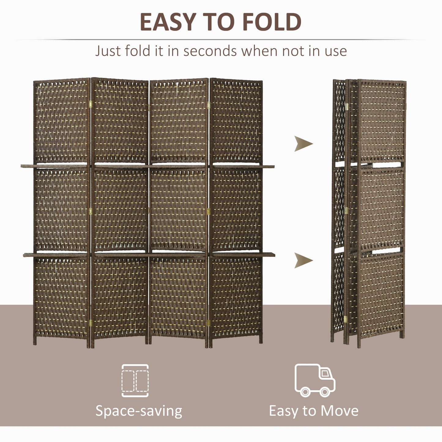 HOMCOM 4-Panel Room Dividers with Shelves, Wave Fibre Freestanding Folding Privacy Screen Panels, Partition Wall Divider for Indoor Bedroom Office, 180\'c2\'a0cm, Brown