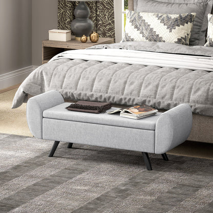 HOMCOM Storage Ottoman with Armrest, Upholstered Linen Storage Bench, Window Seat with Rubberwood Legs, Footstool for Bedroom Living Room, Hallway, Light Grey