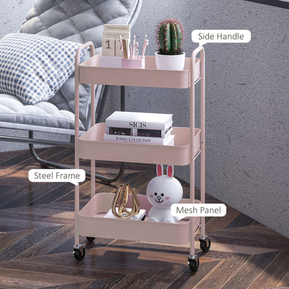 HOMCOM Three-Tier Steel Storage Trolley - Pink