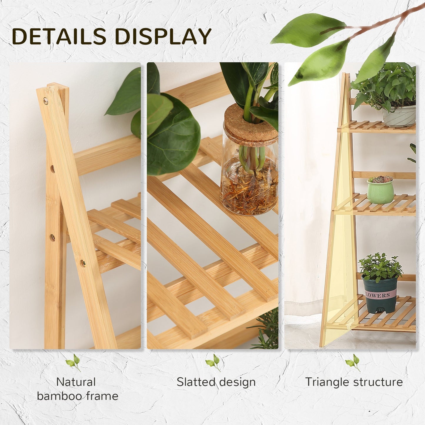 Outsunny 3-Tier Plant Stand, Plant Shelf Rack, Folding Bamboo Display Stand, 98x37x96.5cm, Natural