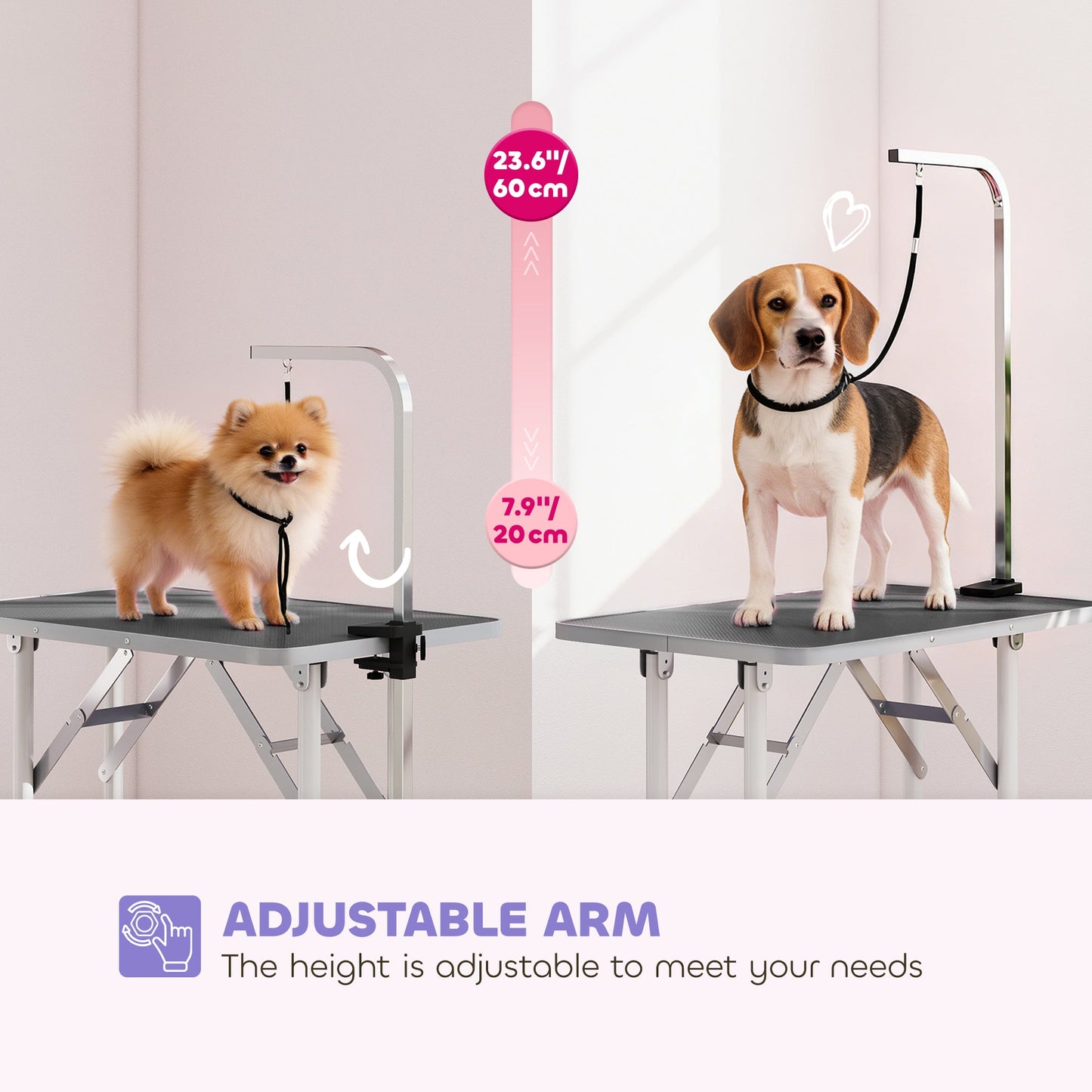 PawHut 32" Foldable Dog Grooming Table Pet Drying Beauty Table Adjustable Fixed Arm Rubber Top, Black