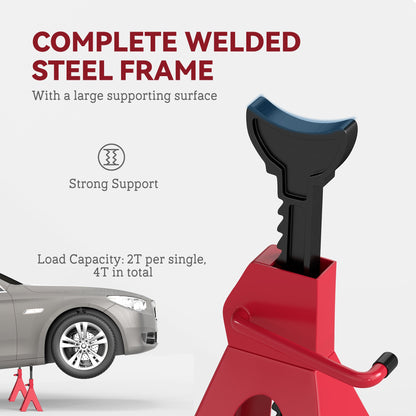 HOMCOM Axle Stands 2 Ton Car Jack Stands Pack of 2, 28-42.5 cm Height Adjustable Support Jack Stand, Heavy Duty Car Lift Tool for Vehicles, Caravans, Workshops, Garages, Red