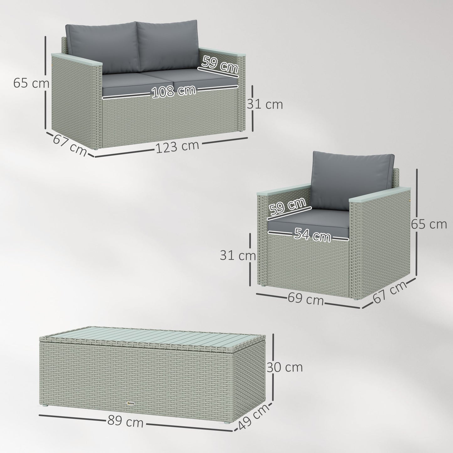 Outsunny 4 Piece Rattan Garden Furniture Set, 4 Seater Wicker Outdoor Sofa Set with 2 Armchairs, Loveseat, Acacia Wood Top Coffee Table, Cushions, Patio Conservatory Set for Balcony, Light Grey