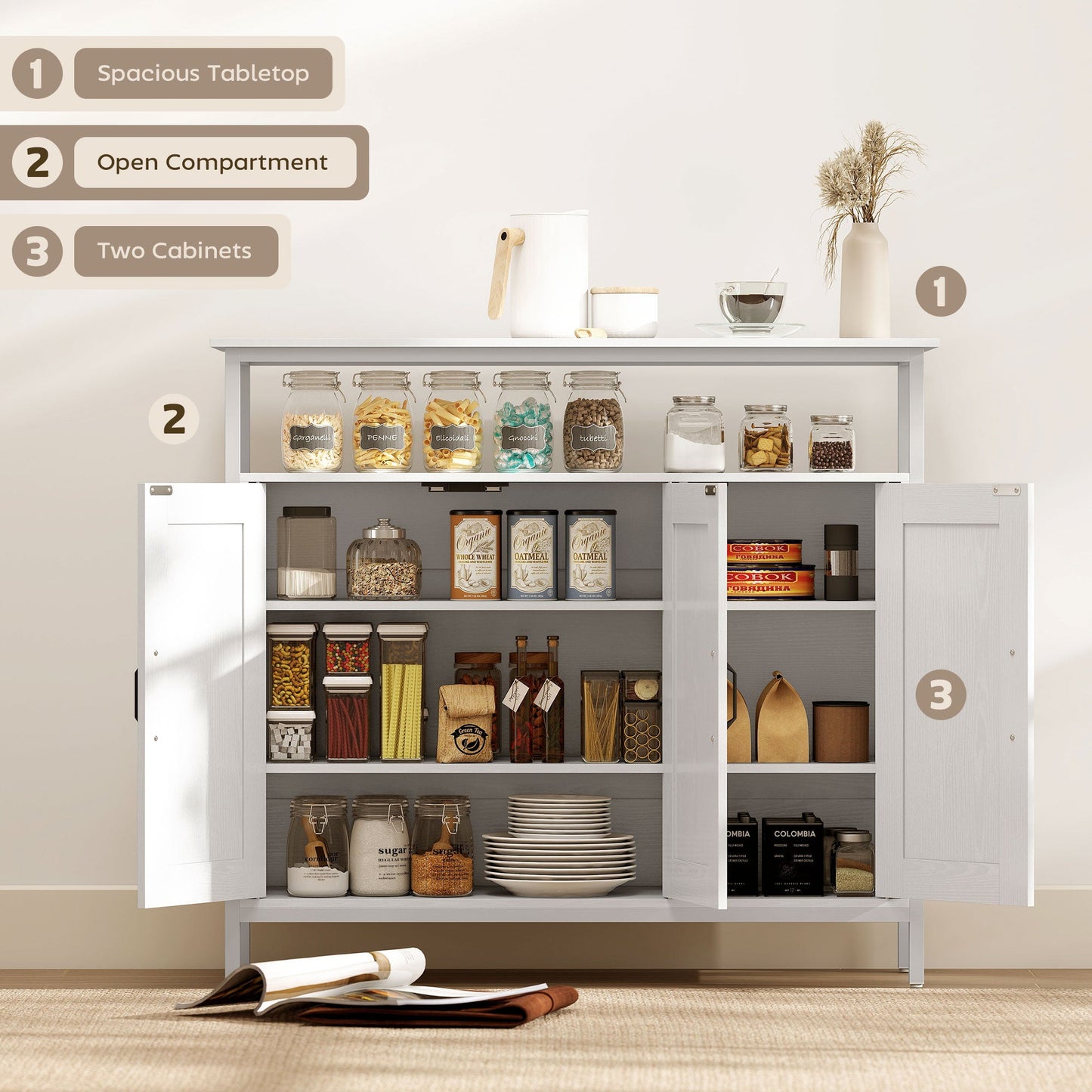 HOMCOM Industrial Kitchen Sideboard with Open Shelf, 2 Cabinets, Adjustable Shelves for Living Room, Dining Room, White