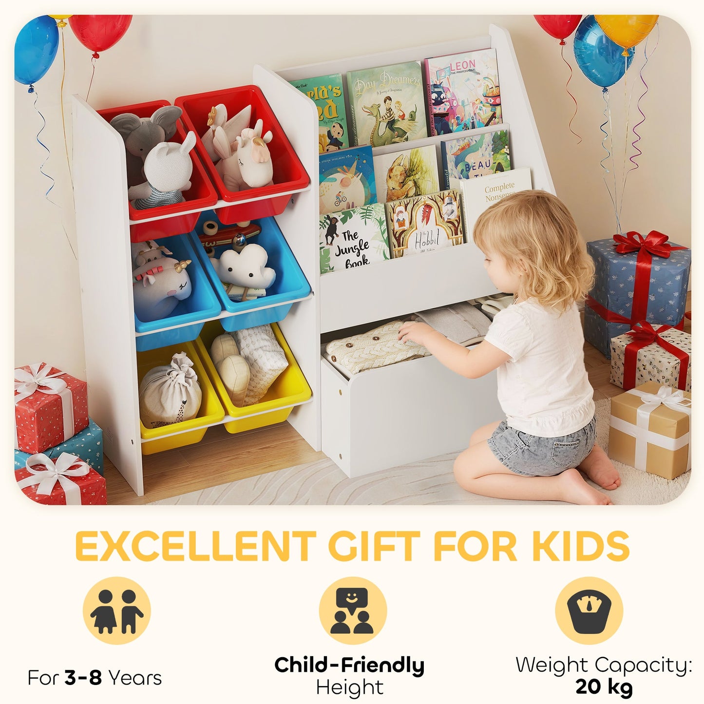 AIYAPLAY Toy Storage Unit, 3-Tier Toy Organiser Shelf with 6 Removable Storage Bins for Bedroom, Nursery, Multicoloured