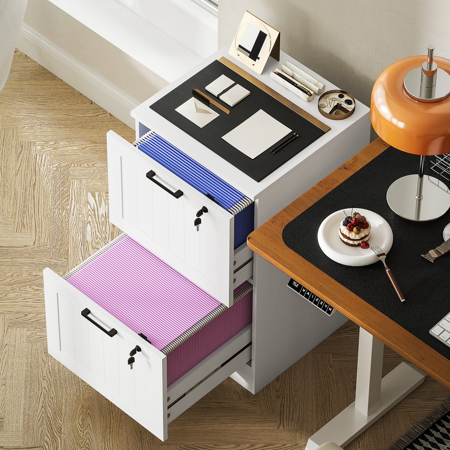 HOMCOM 2 Drawer Filing Cabinet with Lock, Office Storage Cabinet with Adjustable Hanging Bars for A4 Letter Size Files, White