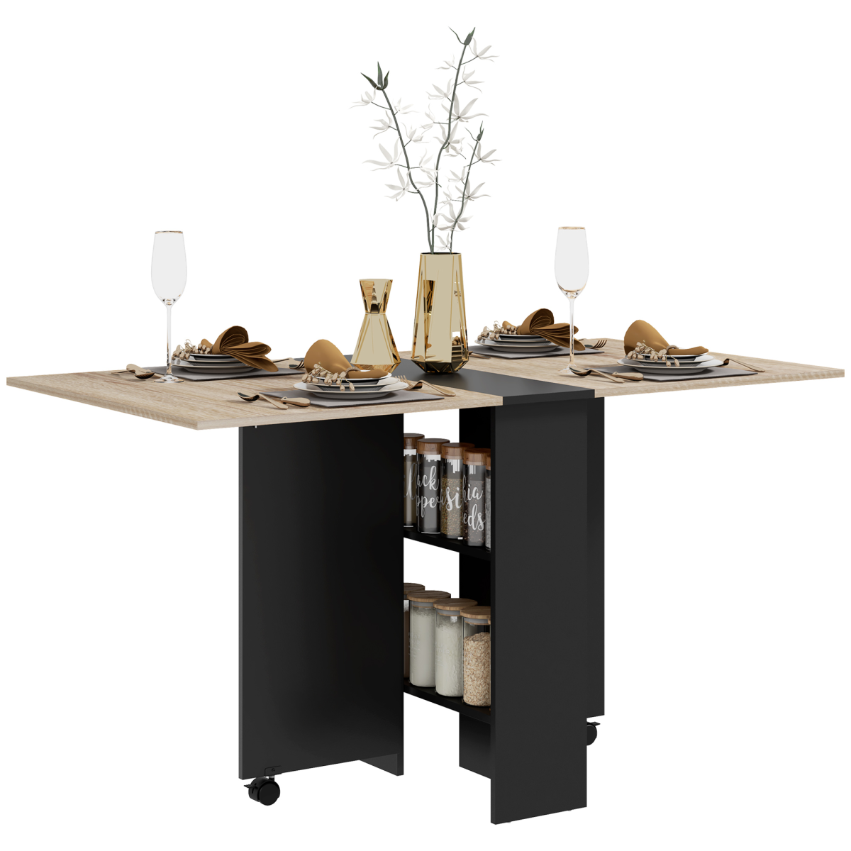 HOMCOM Mobile Drop Leaf Dining Table Folding Desk w/ 2 wheels Storage Shelves