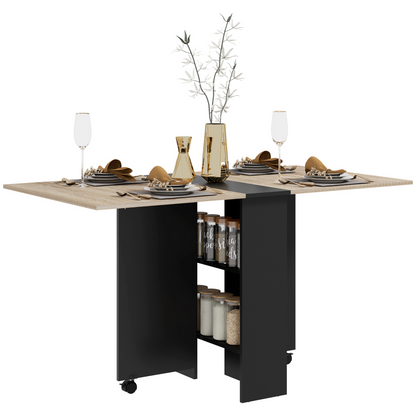 HOMCOM Mobile Drop Leaf Dining Table Folding Desk w/ 2 wheels Storage Shelves
