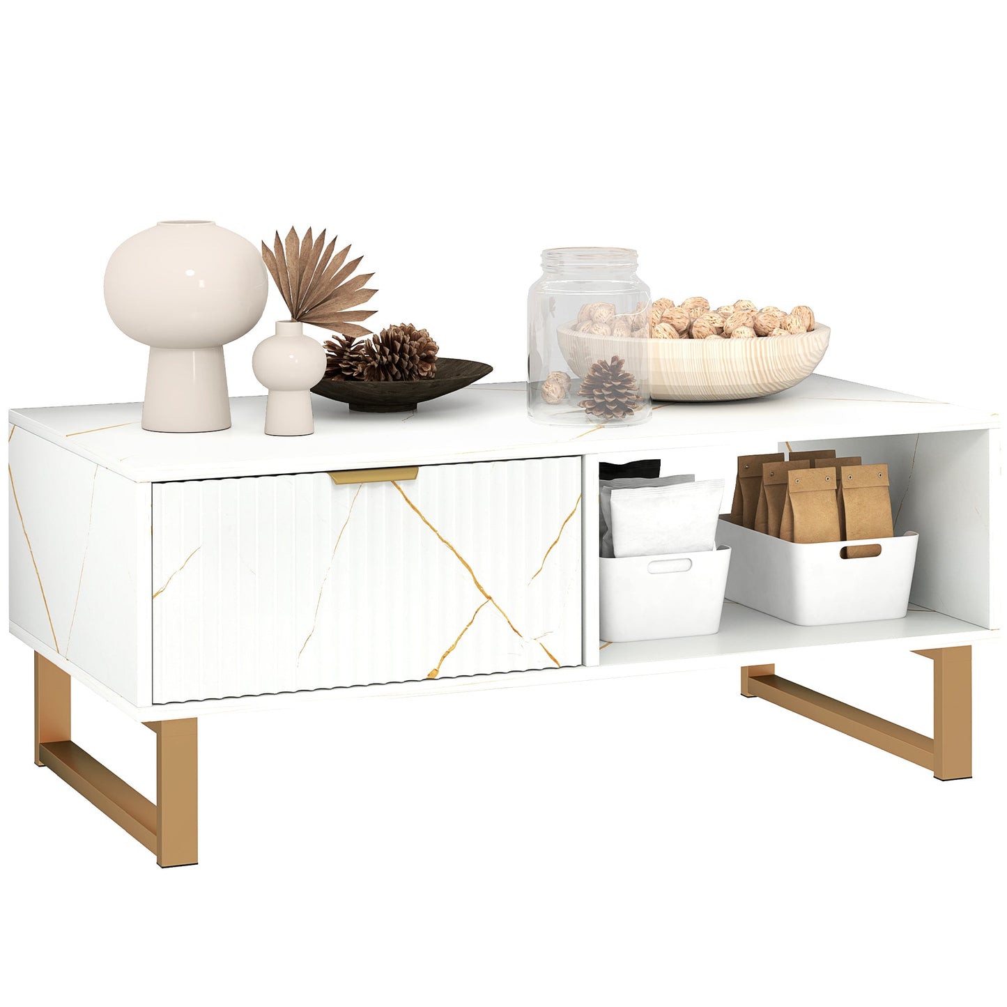 HOMCOM Coffee Table, Living Room Table with Drawer and Open Shelves