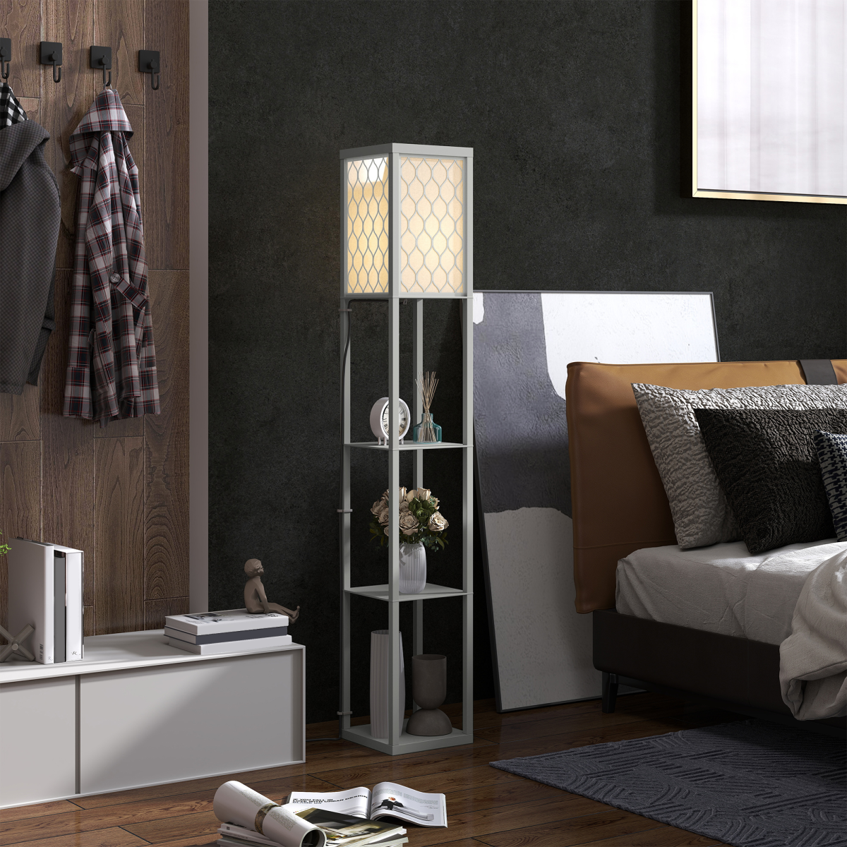 HOMCOM Modern Floor Lamp Light with 3 Shelves Fabric Lampshade