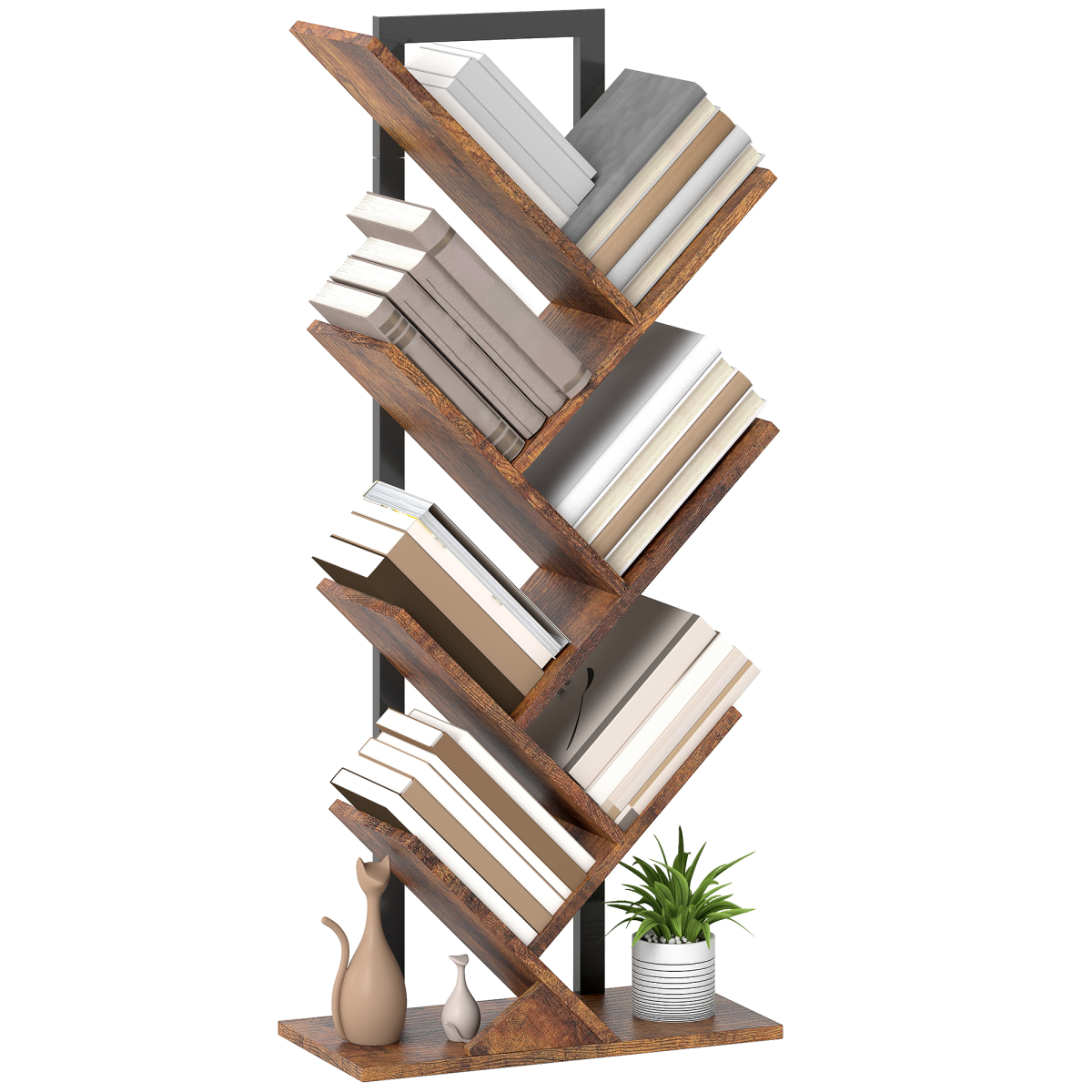 HOMCOM 5-Tier Tree Bookshelf with Steel Frame for Living Room, Rustic Brown