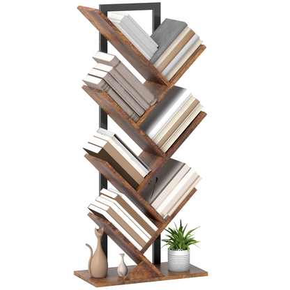HOMCOM 5-Tier Tree Bookshelf with Steel Frame for Living Room, Rustic Brown