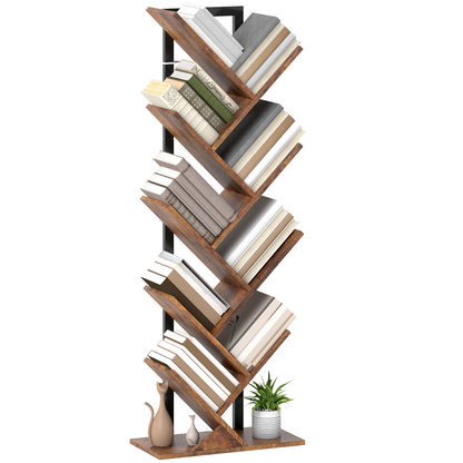 HOMCOM 5-Tier Tree Bookshelf with Steel Frame for Living Room, Rustic Brown