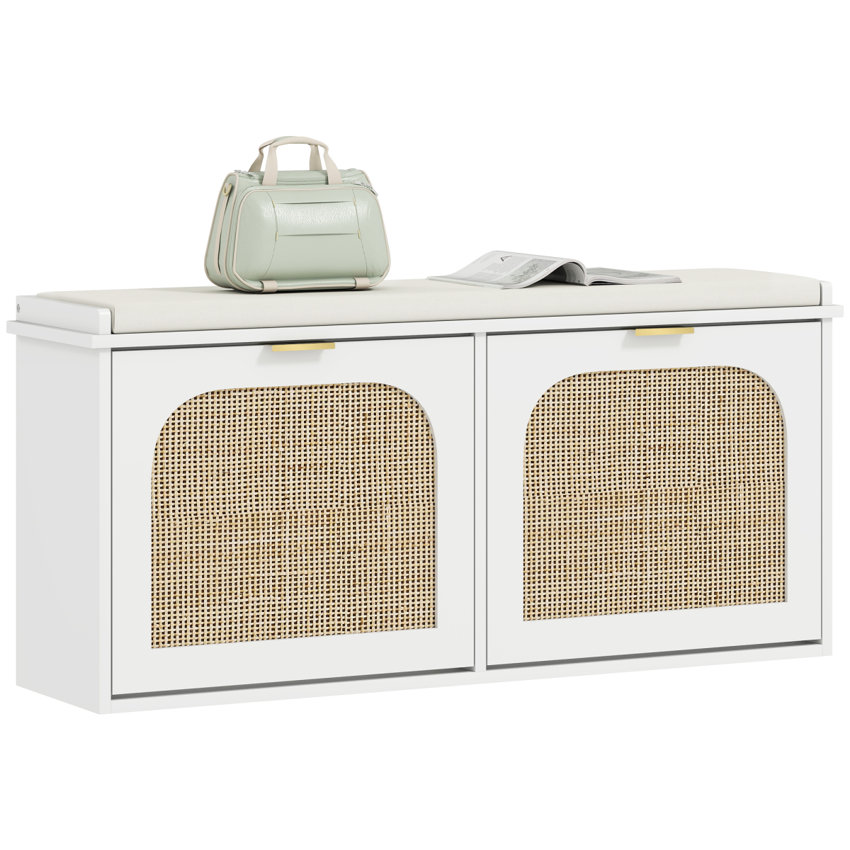 HOMCOM Boho Shoe Bench with Padded Seat and 1 or 2 Flip-Drawer, Light Green