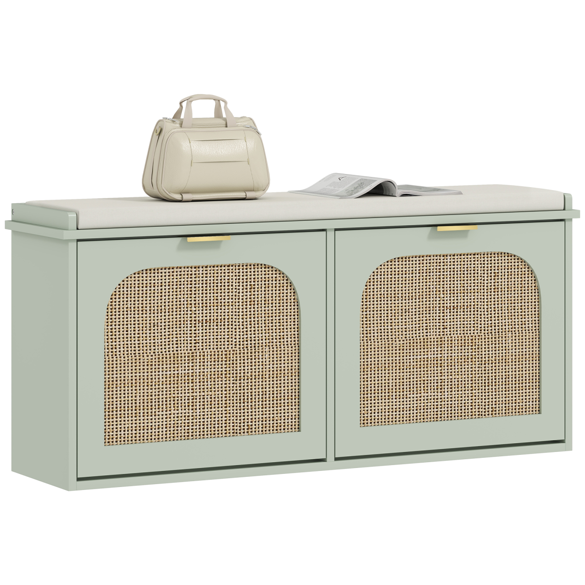 HOMCOM Boho Shoe Bench with Padded Seat and 1 or 2 Flip-Drawer, Light Green