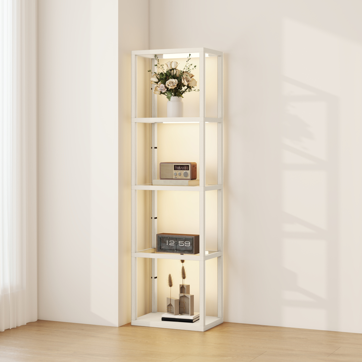 HOMCOM LED Floor Lamp with Glass Shelves, Dimmable Room Lamp