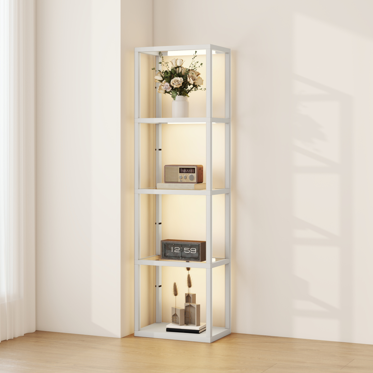 HOMCOM LED Floor Lamp with Glass Shelves, Dimmable Room Lamp