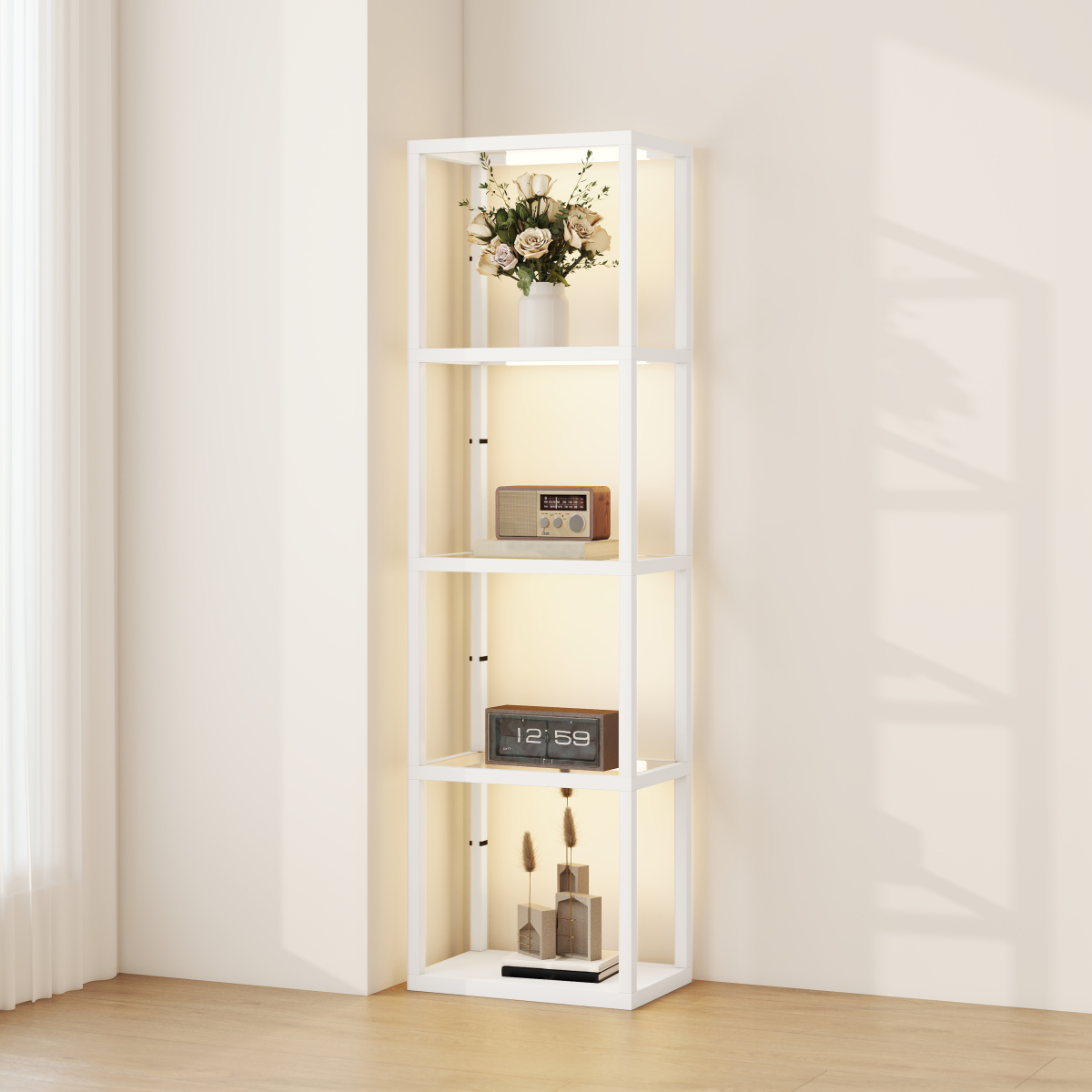 HOMCOM LED Floor Lamp with Glass Shelves, Dimmable Room Lamp