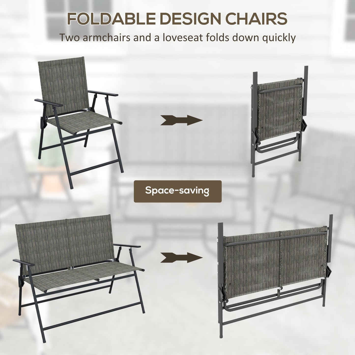 Outsunny Outdoor\'c2\'a04 Pieces Patio Furniture Set with Breathable Mesh Fabric\'c2\'a0Seat & Backrest,\'c2\'a0Garden Set with Two Foldable Armchairs, a Loveseat &\'c2\'a0Glass\'c2\'a0Top\'c2\'a0Table, Mixed Brown