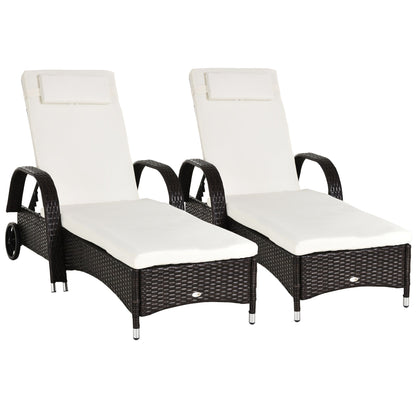 Outsunny 2PC Rattan Sun Lounger Recliner Bed Reclining Chair Patio Garden Outdoor Wicker Weave Adjustable Headrest with Fire Retardant Cushion – Brown