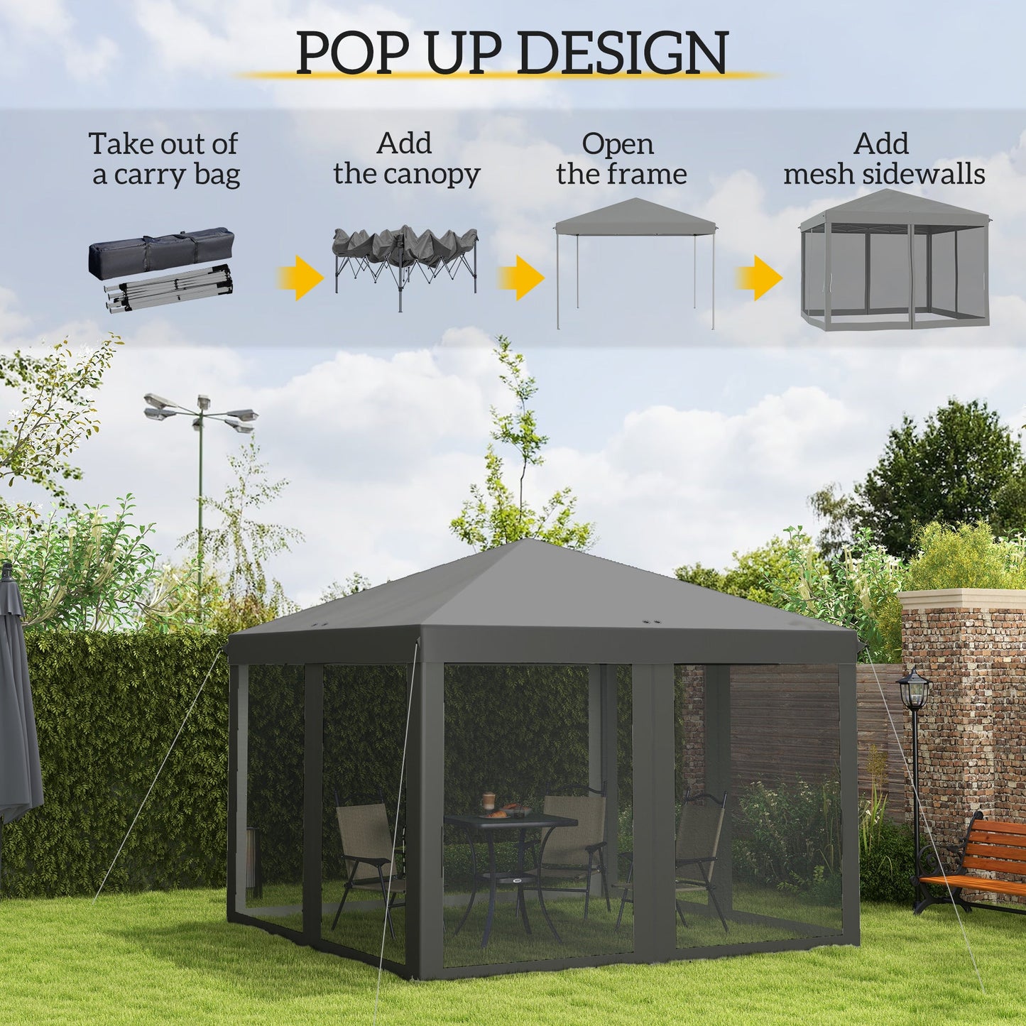Outsunny 3 x 3\'c2\'a0m Pop Up Gazebo, 420D Garden Tent Canopy with Removable Mesh Sidewall Netting, Carry Bag for Garden Patio Outdoor, Light Grey