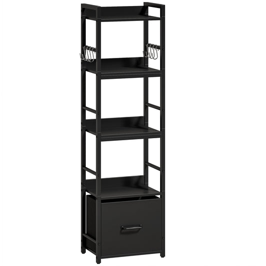 HOMCOM 4-Tier Bookshelf, Narrow Bookcase with Drawer, 8 Hooks, Metal Frame, Black