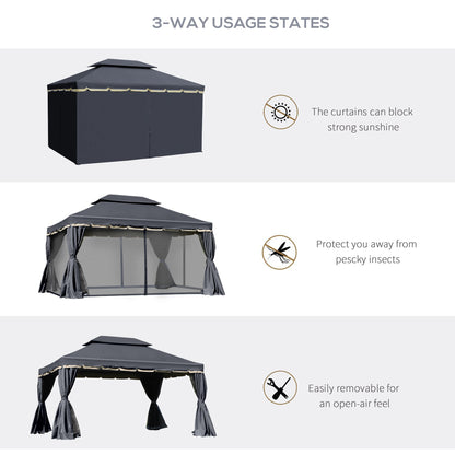 Outsunny 3 x 4m Aluminium Garden\'c2\'a0Gazebo, Marquee Canopy Shelter Pavilion Party Tent with Nets and Curtains for Garden and Deck, Black