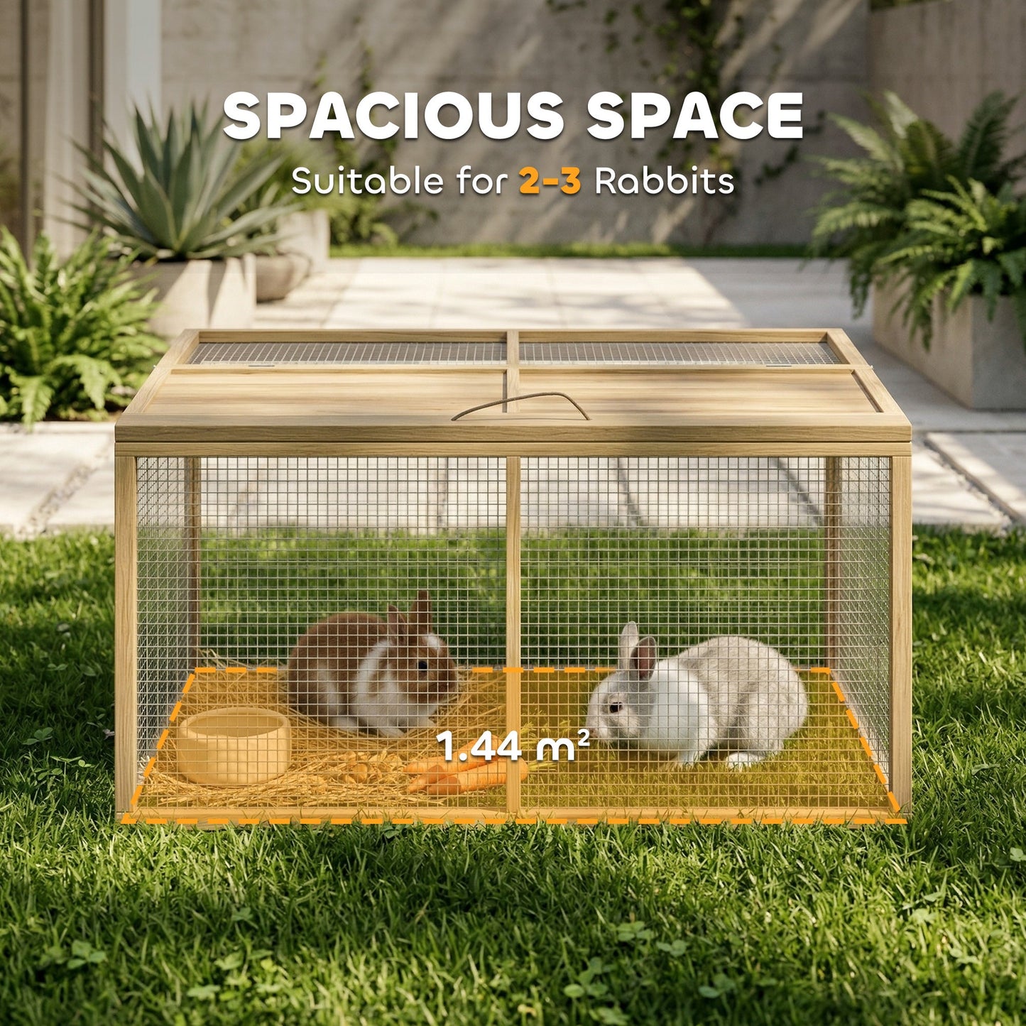 PawHut Wooden Folding Rabbit Hutch, for 2-3 Rabbits - Natural Wood
