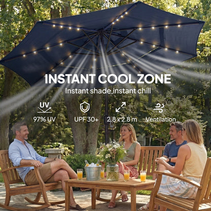 Outsunny 2.8 m Garden Parasol Umbrella with LED Solar Light, Parasol Cover, 3 Tier Outdoor Table Market Patio Umbrella, Navy Blue