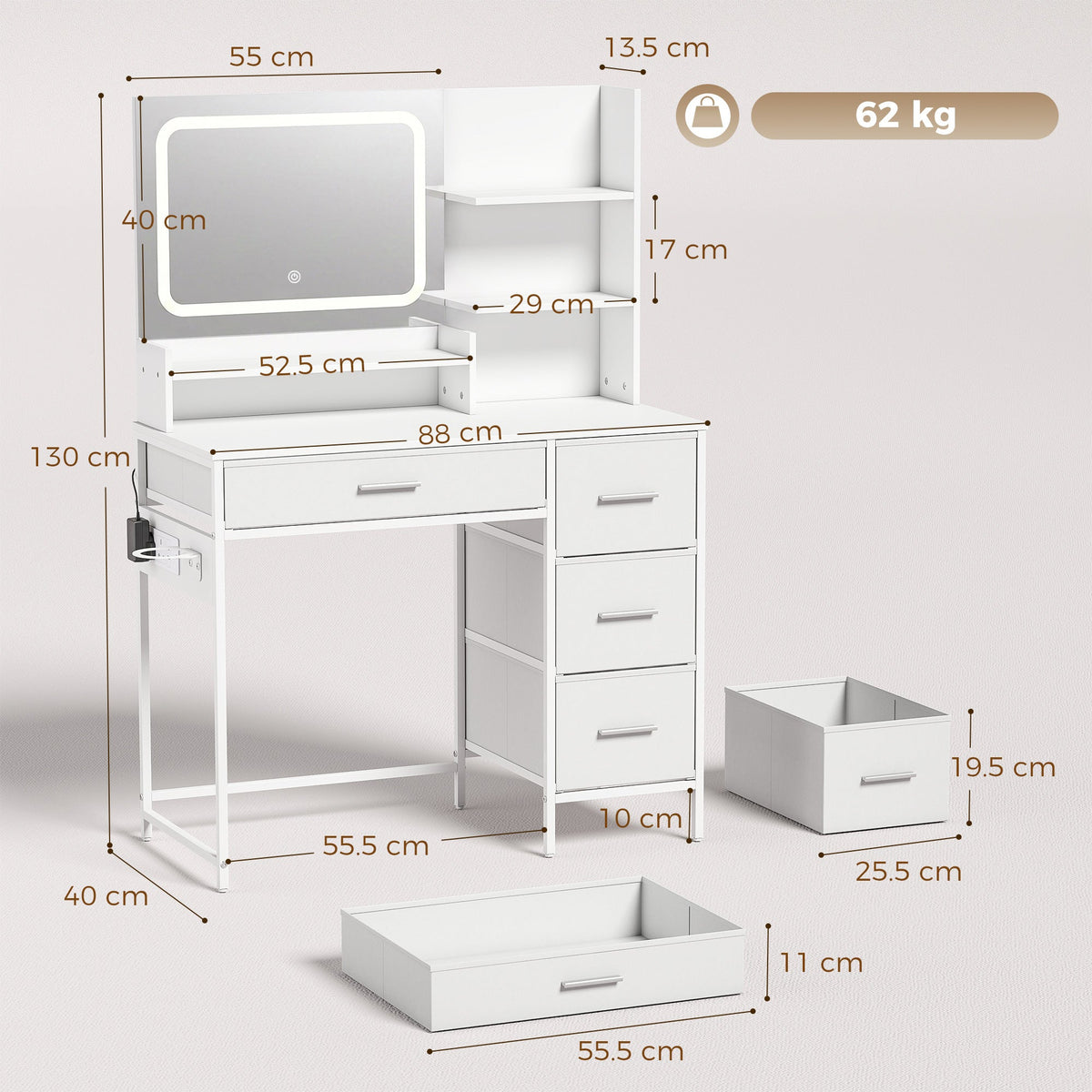 HOMCOM Dressing Table with 3-Colour LED Mirror, Power Outlet, Vanity Desk with 4 Drawers, 5 Shelves, Hair Dryer Holder