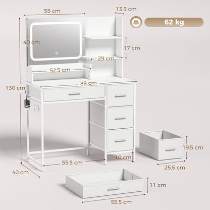 HOMCOM Dressing Table with 3-Colour LED Mirror, Power Outlet, Vanity Desk with 4 Drawers, 5 Shelves, Hair Dryer Holder