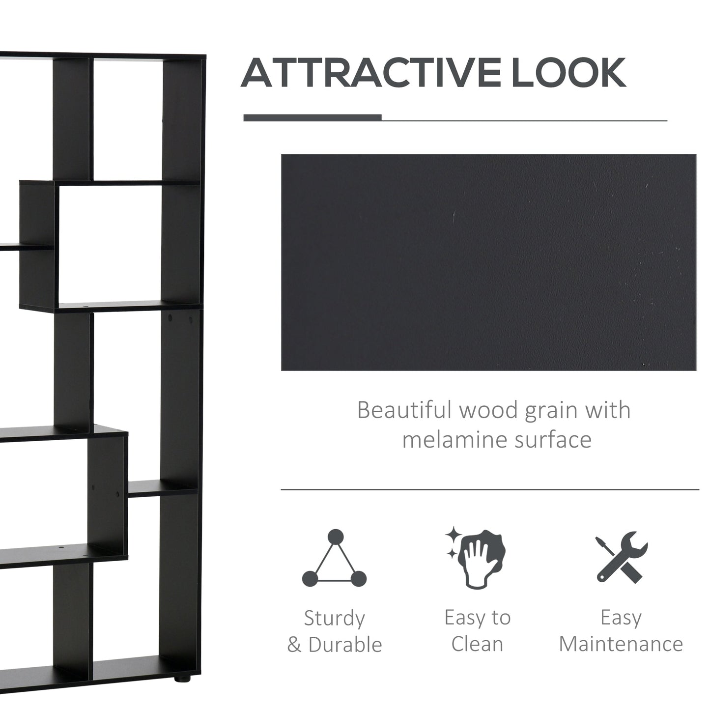 HOMCOM 8-Tier Freestanding Bookcase w/ Melamine Surface Anti-Tipping Foot Pads Home Display Storage Grid Stand Bedroom Living Room Furniture Modern Style - Black