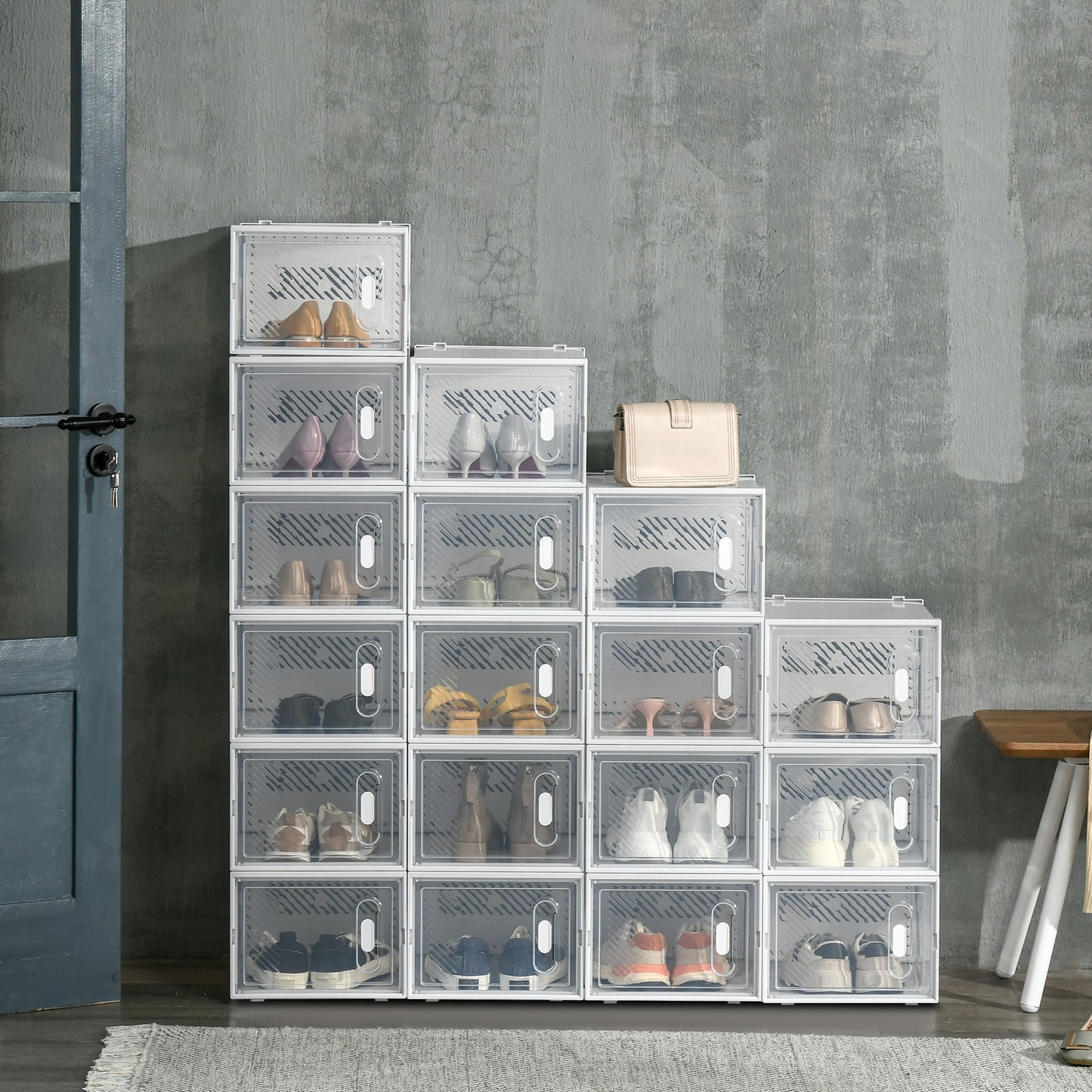 HOMCOM 18PCS Clear Shoe Box, Plastic Stackable Shoe Storage Box for UK/EU Size up to 12/46 with Magnetic Door for Women/Men, 28 x 36 x 21 cm