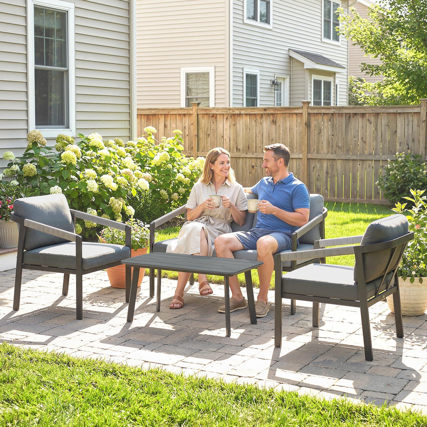 Outsunny Aluminium Garden Furniture Set, 4 Seater Outdoor Patio Furniture with Loveseat, 2 Armchairs, Slatted Table