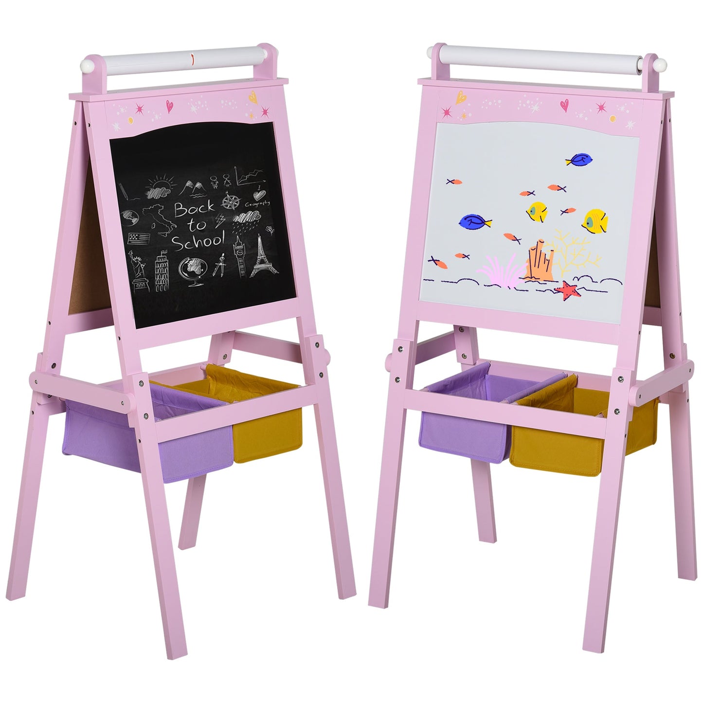 HOMCOM Kids Easel 3 in 1 Wooden Art Easel with Paper Roll Double-Sided Chalkboard & Whiteboard with Storage Baskets for Toddler Girls, Pink