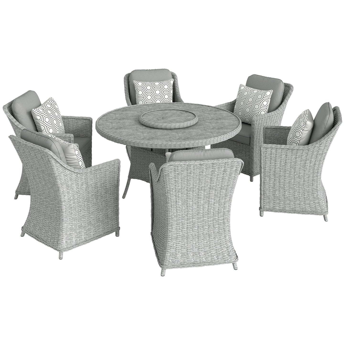 Outsunny Rattan Garden Dining Set with Turntable, Marble Effect Glass Round Garden Table and Chairs with Aluminium Frame, Grey