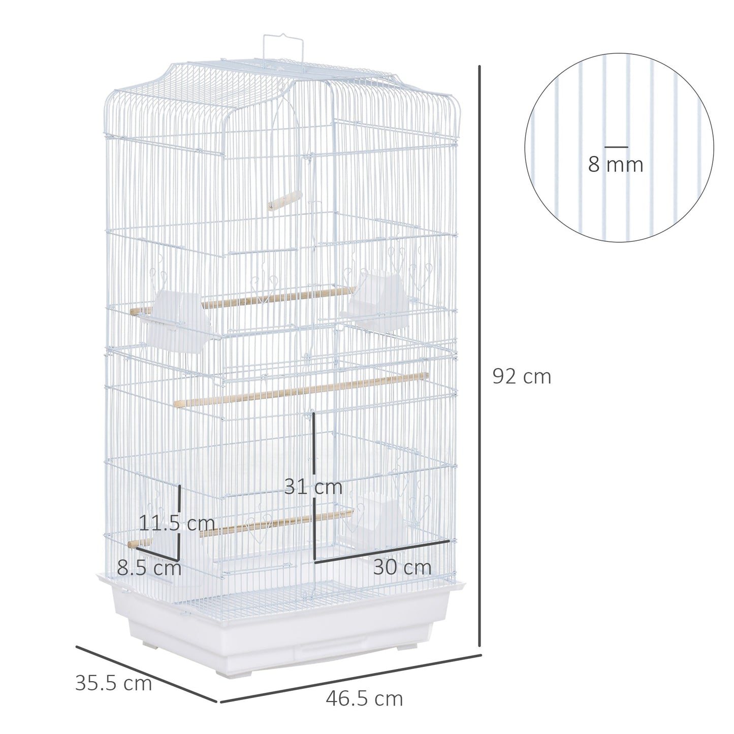 PawHut Large Metal Bird Cage with Perches, Food Bowls, Swing for Budgie, Parakeet, 46.5 x 35.5 x 92cm,White