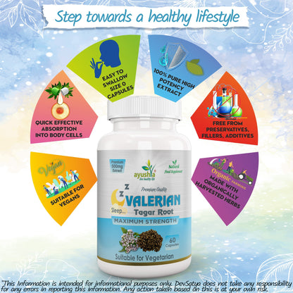 Ayushya Valerian Capsules (Tagar) Restful Sleep Support - Vegan, Gluten Free, Non-GMO, 60 Capsules