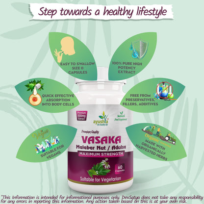 Ayushya Vasaka Capsules (Malabar Nut, Adulsa) Respiratory Comfort Support - Vegan, Gluten Free, Non-GMO, 60 Capsules