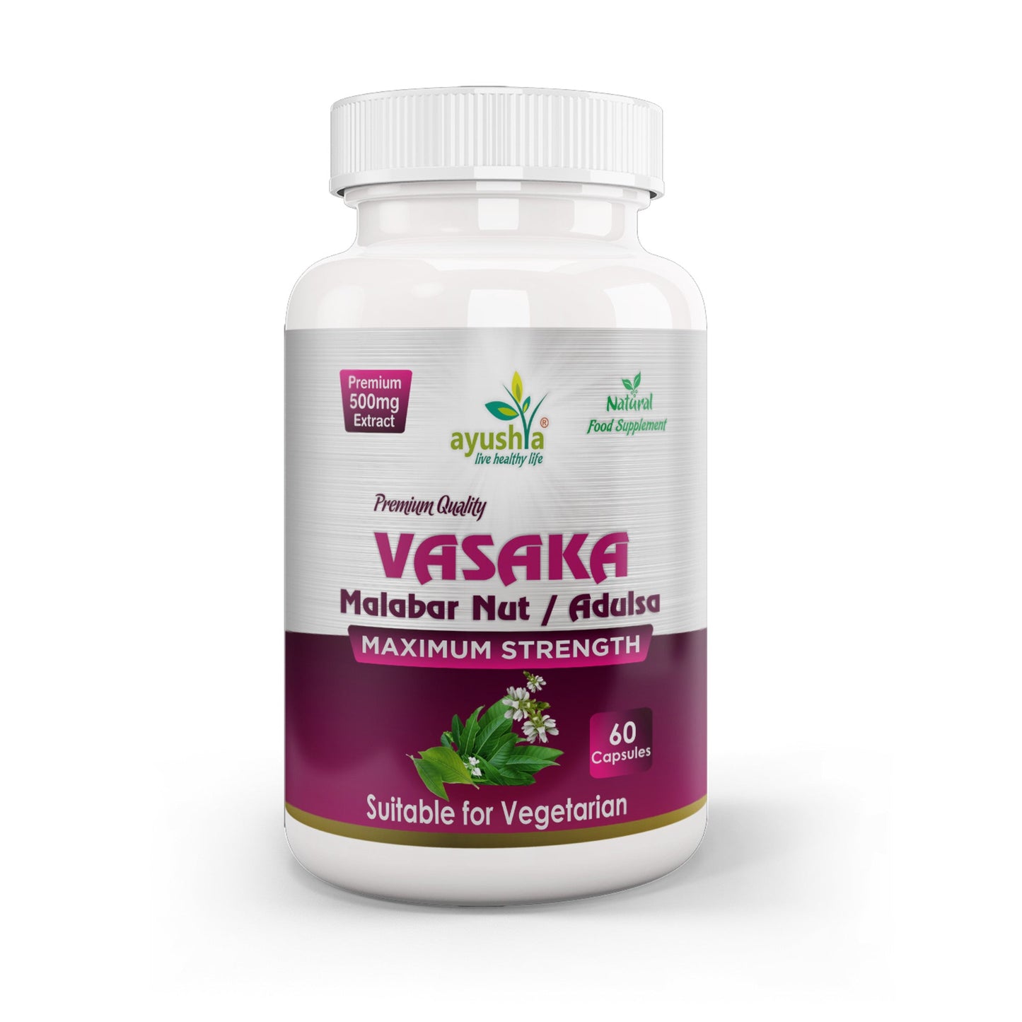Ayushya Vasaka Capsules (Malabar Nut, Adulsa) Respiratory Comfort Support - Vegan, Gluten Free, Non-GMO, 60 Capsules