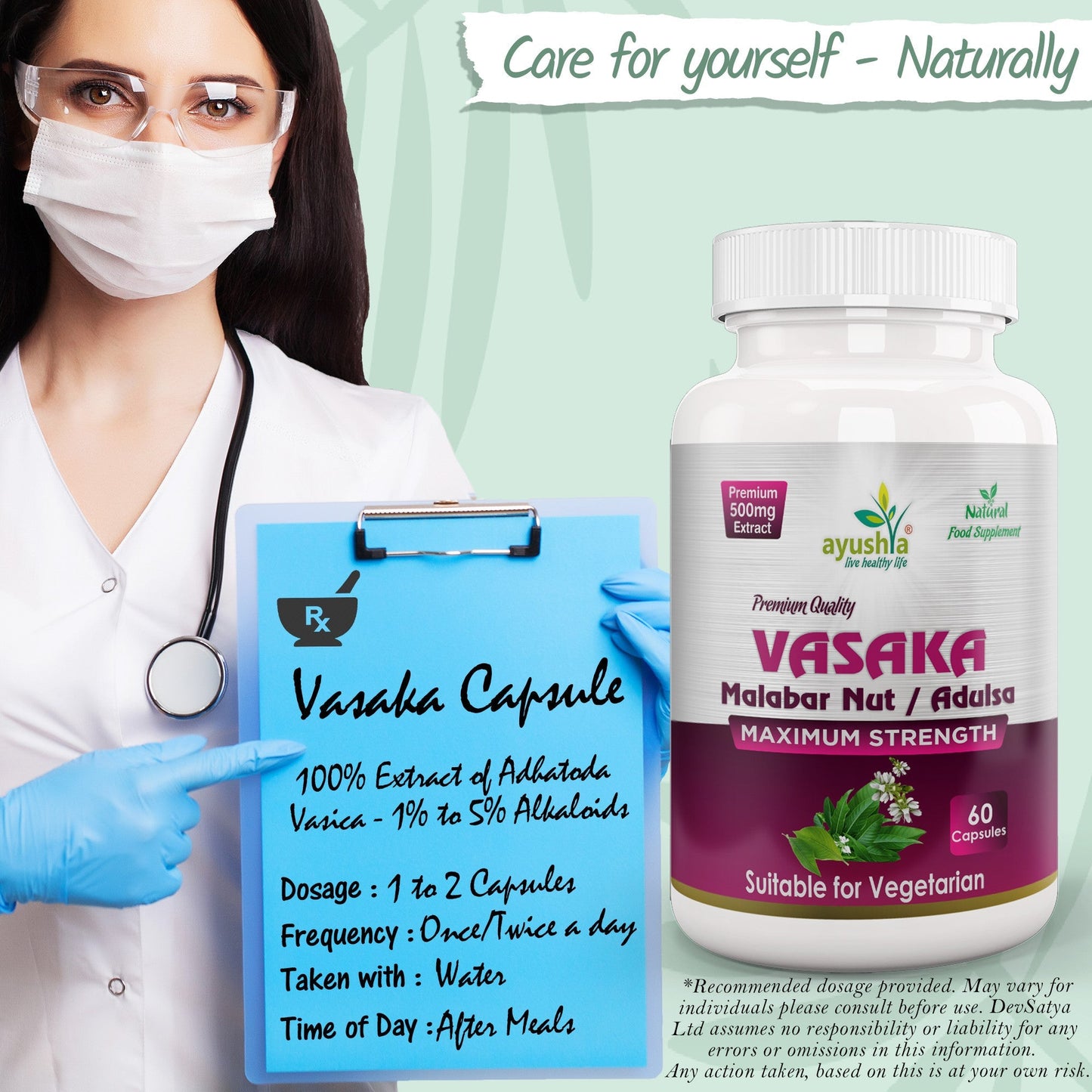 Ayushya Vasaka Capsules (Malabar Nut, Adulsa) Respiratory Comfort Support - Vegan, Gluten Free, Non-GMO, 60 Capsules